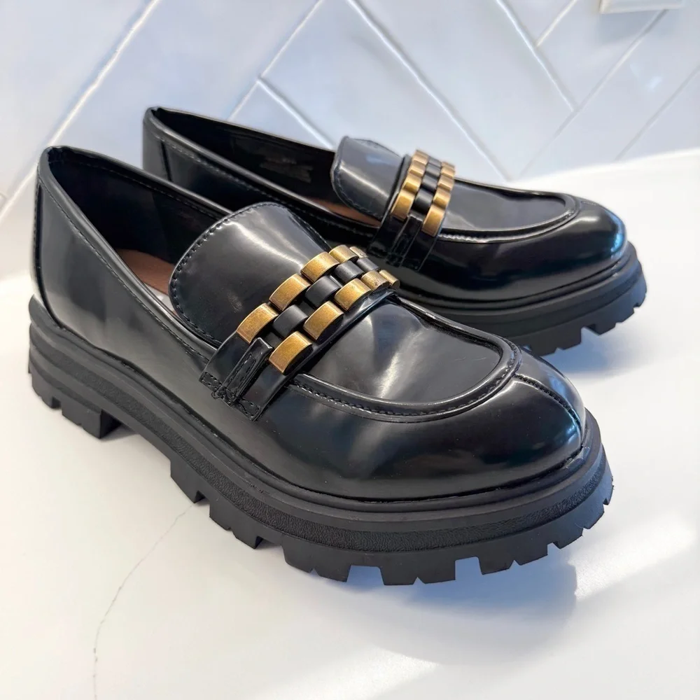 MIA Gabina Women's Black Chunky Chain Lug Loafers Size 8.5 Casual Flats Slip On